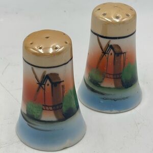 Japanese Ceramic Salt & Pepper Shakers w/ Hand Painted Windmill Landscape Scene